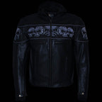 Milwaukee Leather Men's Futile CE Armored Leather Motorcycle Jacket w/ Hoodie Liner, Reflective Skull - LKM17016