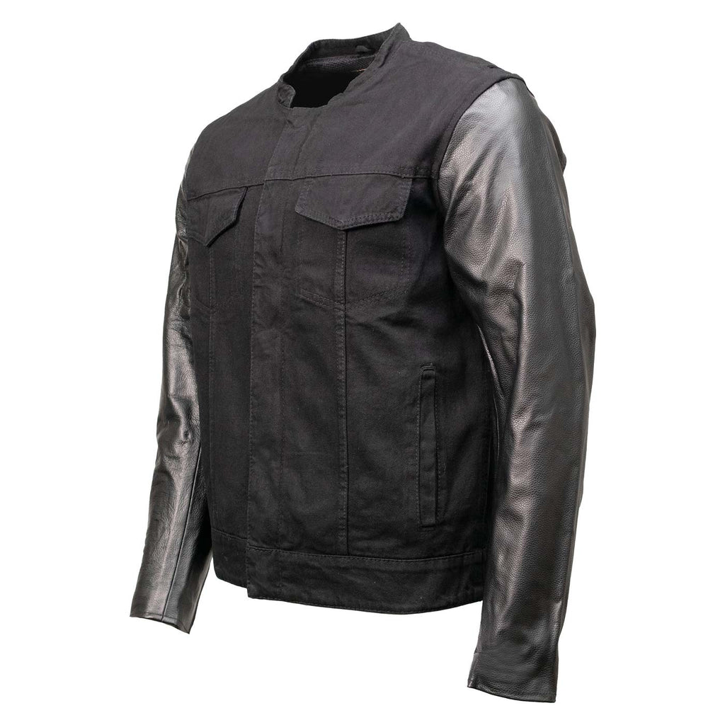 Milwaukee Leather MDM1003 Men's Black Denim Motorcycle Jacket with Leather Sleeves and Patch Back