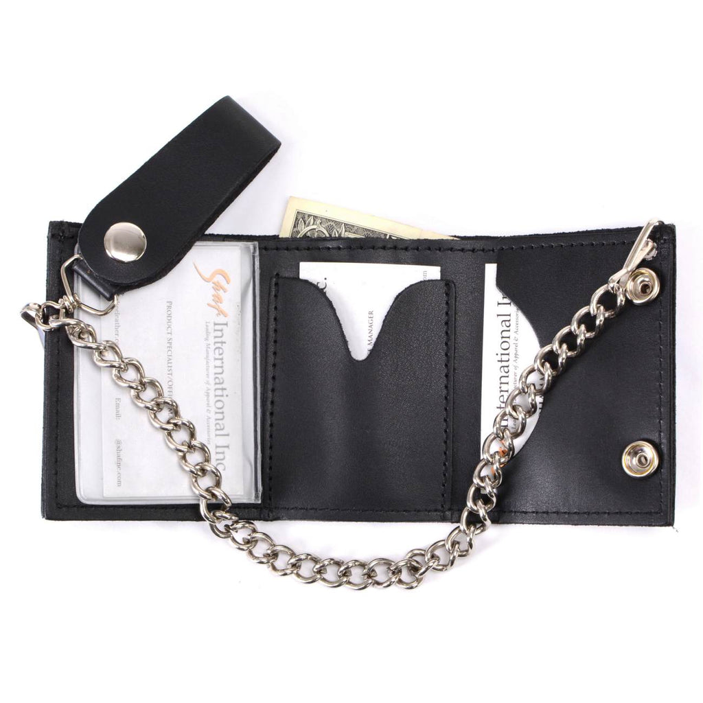 Milwaukee Leather MLW7831 Men's 4" Classic Black Plain Genuine Leather Tri-Fold Biker Wallet w/ Anti-Theft Stainless Steel Chain
