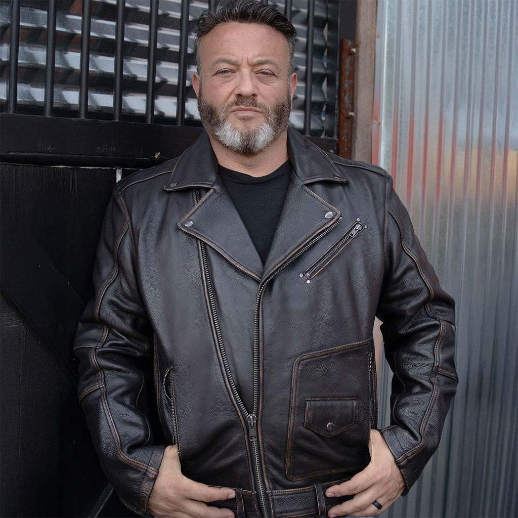 Milwaukee Motorcycle Clothing Co. Men's Unforgiven MC Style Vintage Brown Leather Jacket w/ Lapel Collar MMC10005