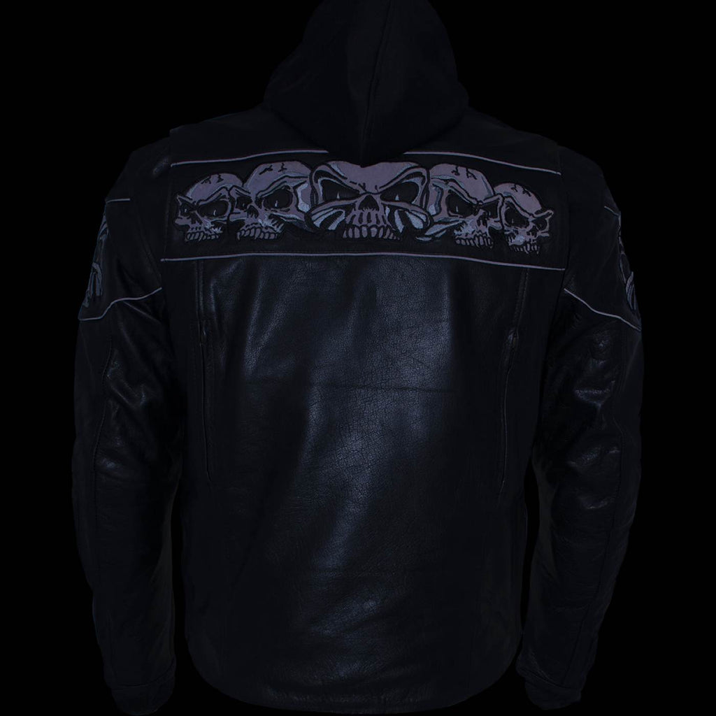 Milwaukee Leather Men's Futile CE Armored Leather Motorcycle Jacket w/ Hoodie Liner, Reflective Skull - LKM17016