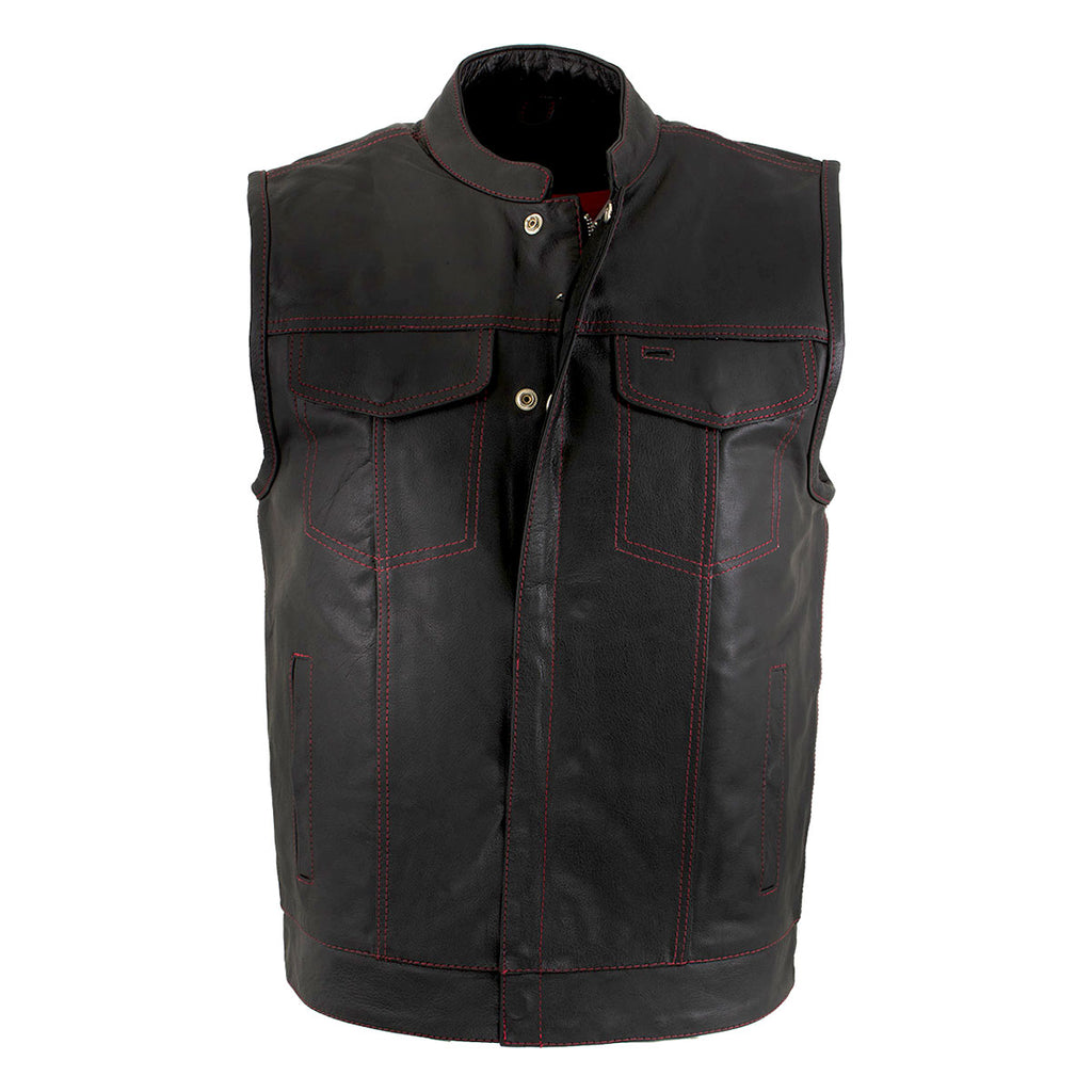 Milwaukee Leather LKM3780 Men's Black Premium Leather Motorcycle Rider Vest w/ Red Stitching and USA Inside Flag Lining