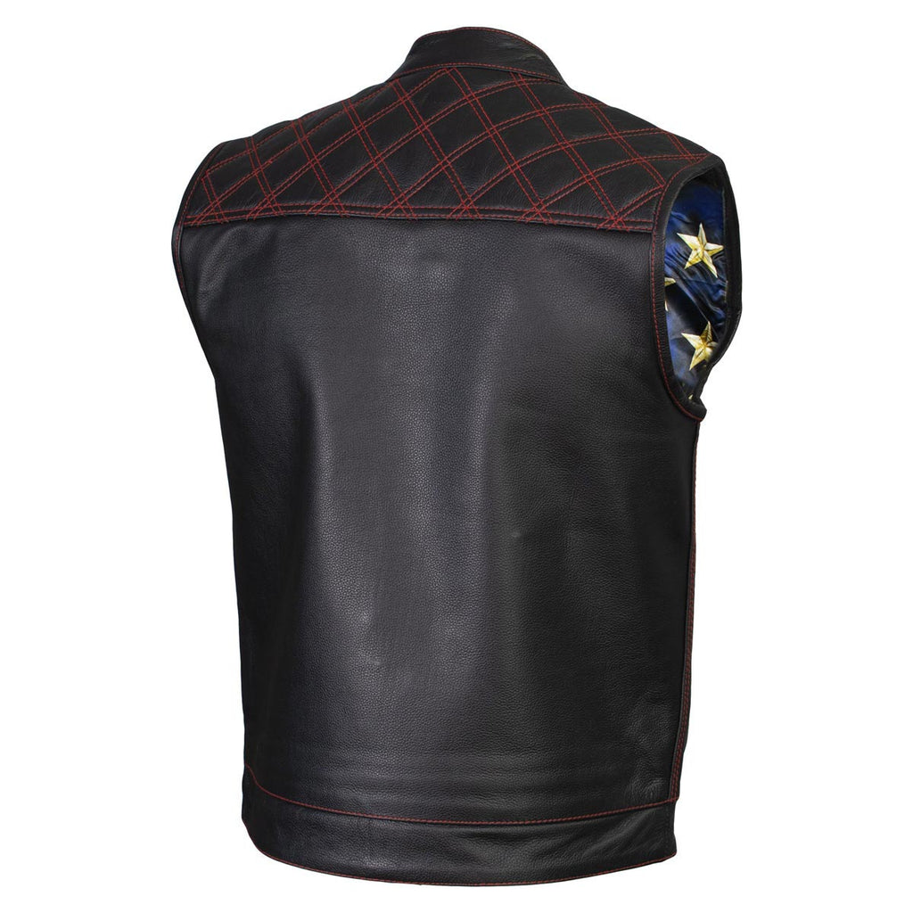 Milwaukee Leather LKM3782 Men's Classic Black Premium Leather Motorcycle Vest with USA Flag Liner