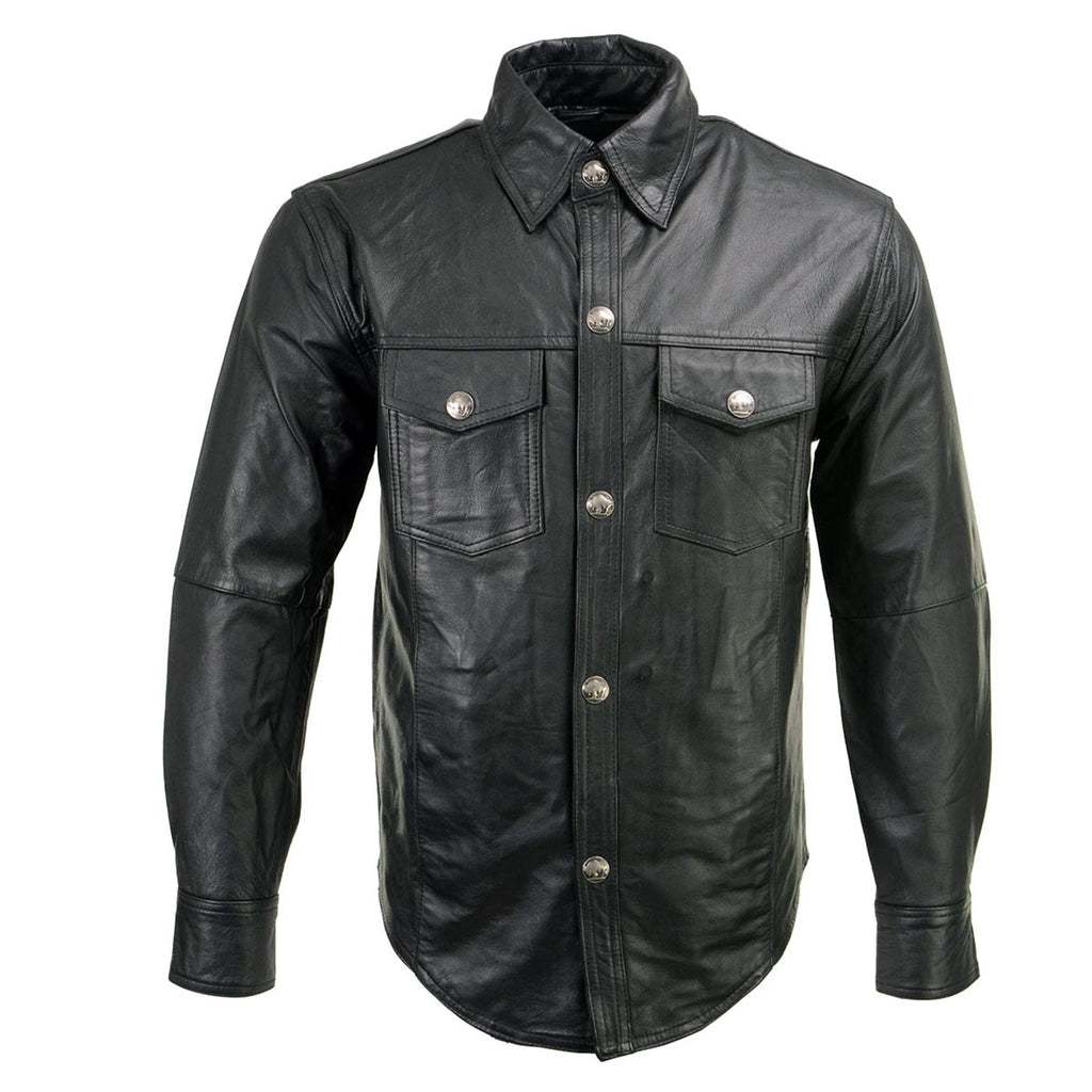 Milwaukee Leather MLM1611 Men's Premium Black Leather Casual Biker Rider Shirt w/ Vintage 5 Cent Buffalo Buttons