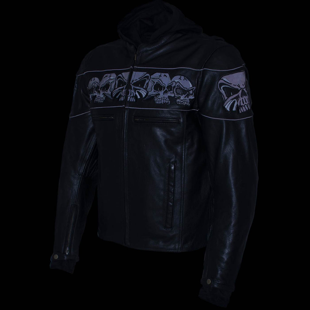 Milwaukee Leather Men's Futile CE Armored Leather Motorcycle Jacket w/ Hoodie Liner, Reflective Skull - LKM17016