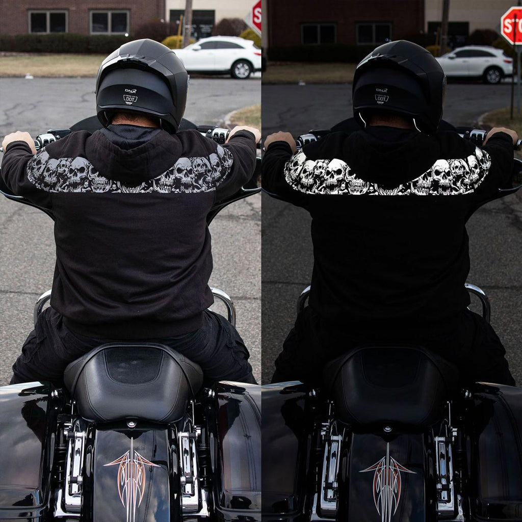 Milwaukee Leather Men's Bare Bones Black Reflective Skull CE Armored Riding Hoodie, Shoulder & Elbow Armor - MPM1798