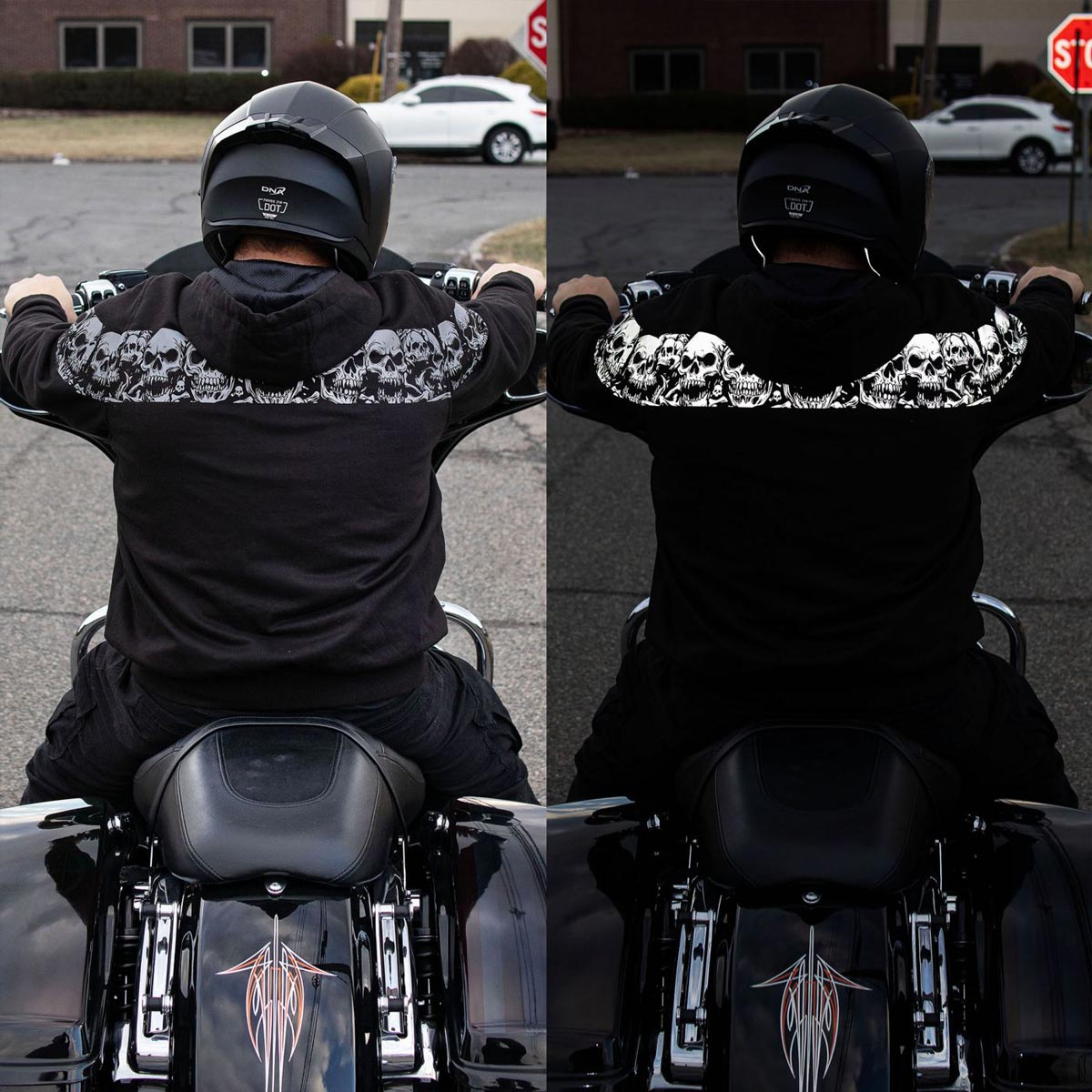 Milwaukee Leather Men's Bare Bones Black Reflective Skull CE Armored Riding Hoodie, Shoulder & Elbow Armor - MPM1798