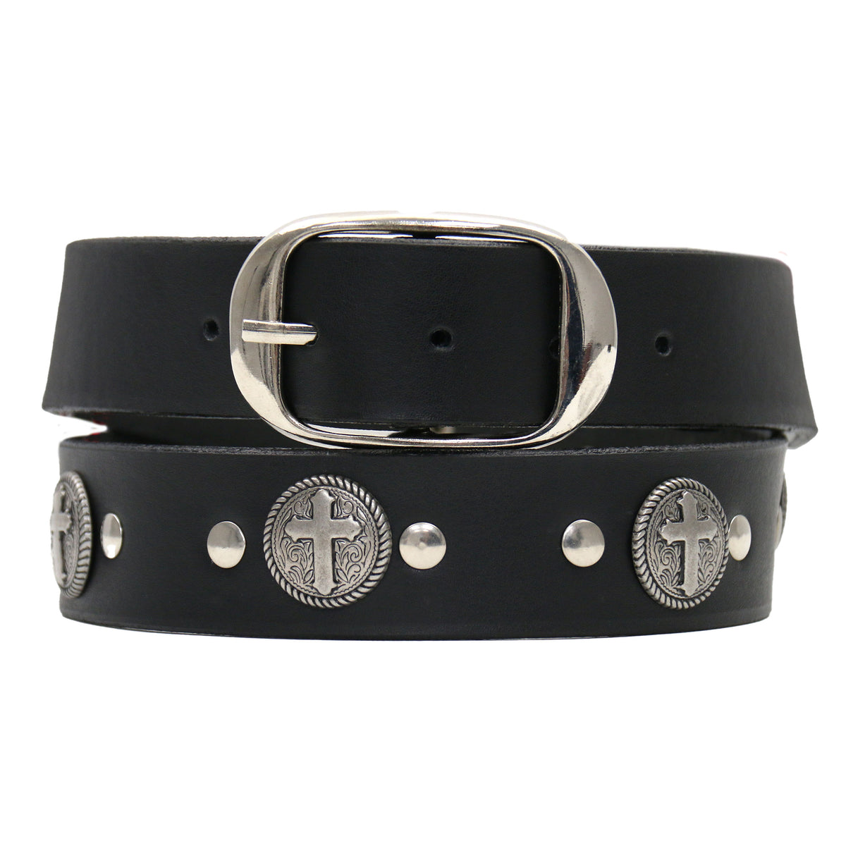 Genuine Leather Cross Buckle Belt Silver Cross Conchos Crazy Horse Scalloped Genuine Leather  main image 2