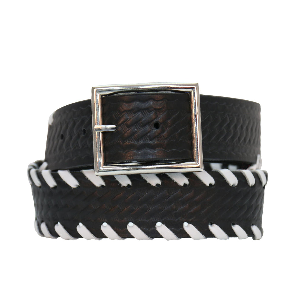 Hot Leathers BLE1036 Embossed Basket Weave Pattern with White Side Stitching Belt