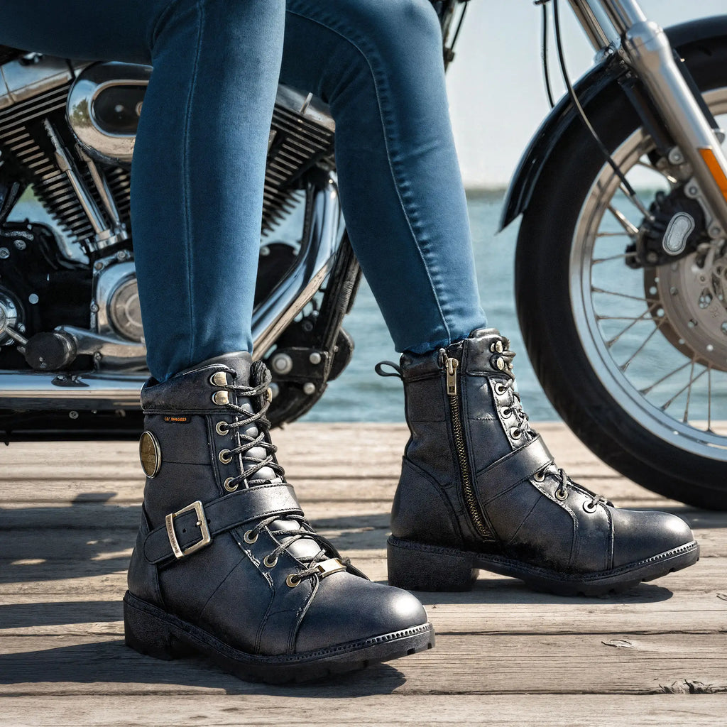 Hot Leathers Ladies 6-inch Black Lace-Up Leather Boots with Buckle Strap BTL1004