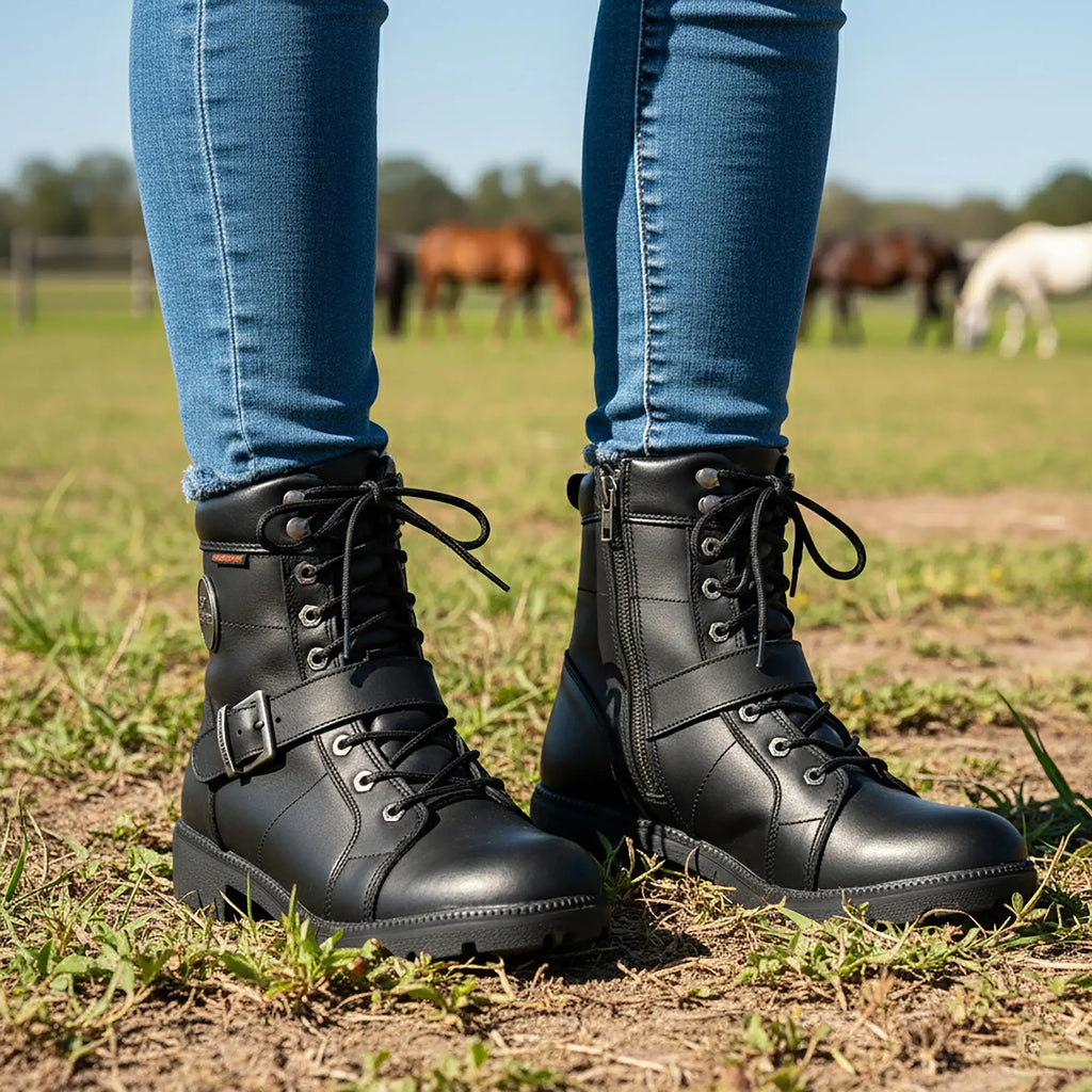 Hot Leathers Ladies 6-inch Black Lace-Up Leather Boots with Buckle Strap BTL1004