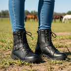 Hot Leathers Ladies 6-inch Black Lace-Up Leather Boots with Buckle Strap BTL1004