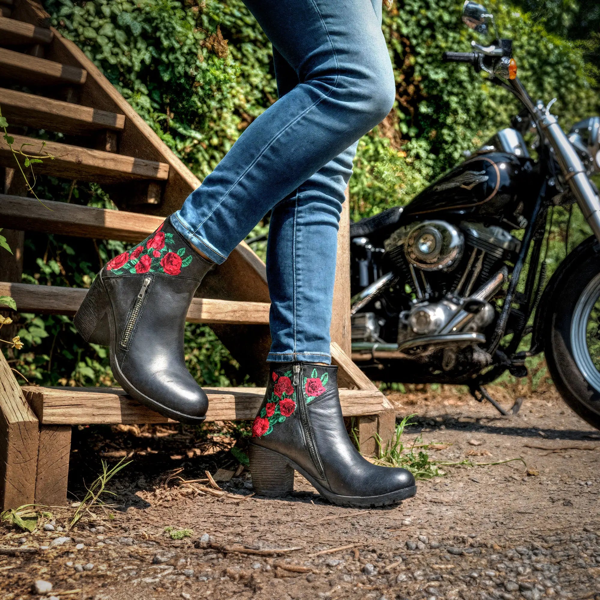 Hot Leathers BTL1008 Ladies Black Wild Roses Zipper Boot