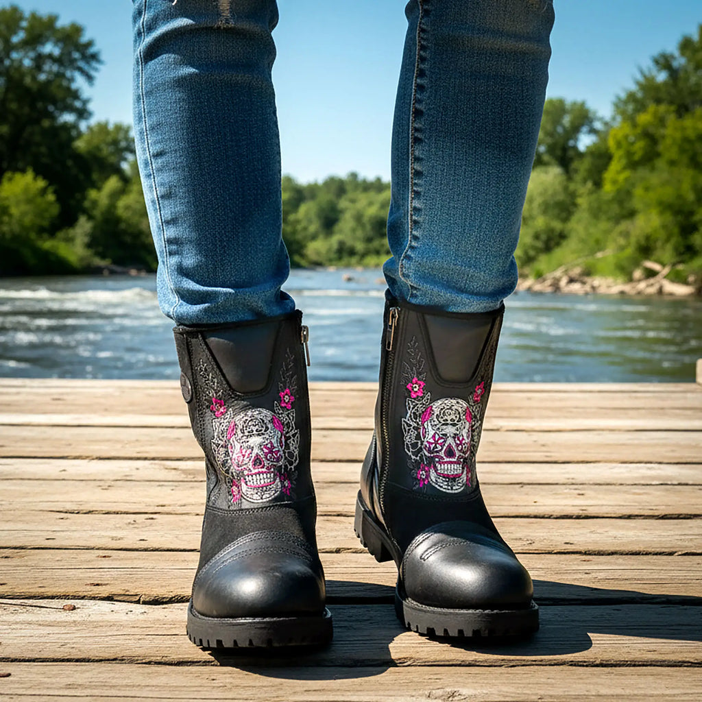 Hot Leathers Ladies Black Double Zip Sugar Skull Cap Toe Leather Boot BTL1009