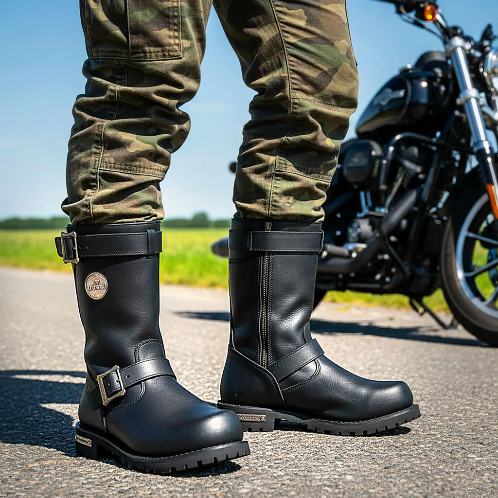Hot Leathers Men's Black 10-inch Tall Round Toe Engineer Leather Boots with Lug Sole BTM1005