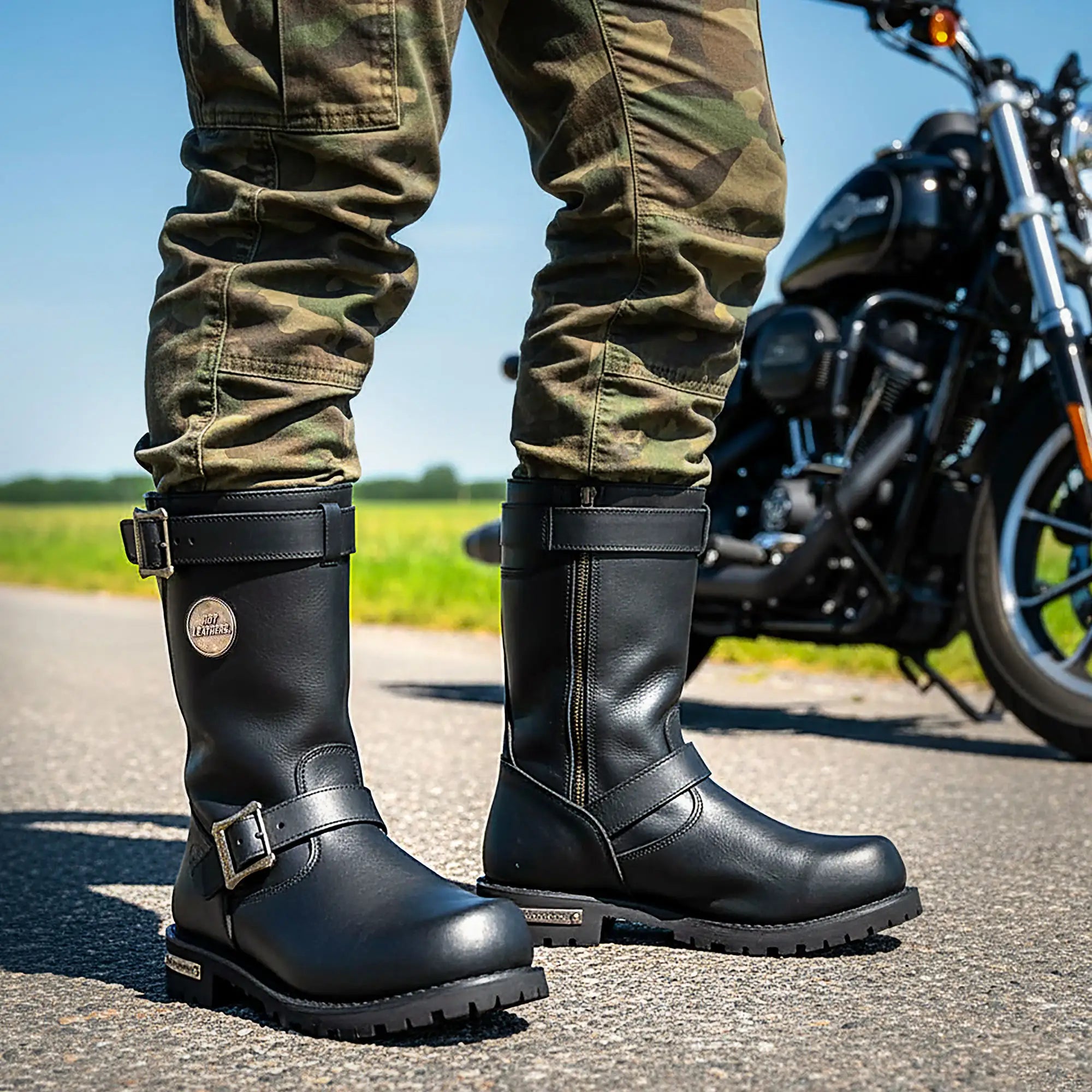 Hot Leathers Men's Black 10-inch Tall Round Toe Engineer Leather Boots with Lug Sole BTM1005