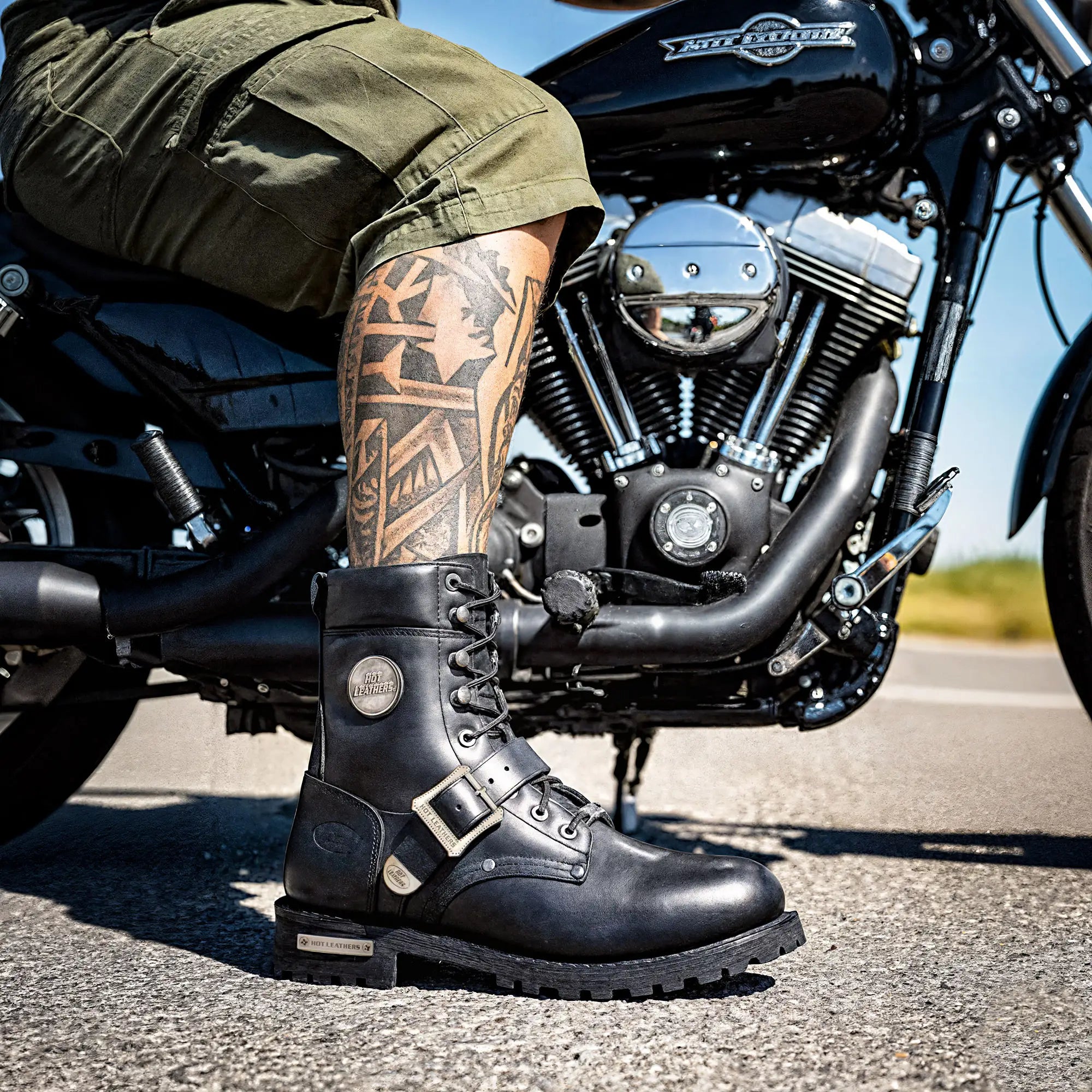 Hot Leathers Men's Wide Width Black 8-inch Logger Leather Boots with Adjustable Buckle BTM1006