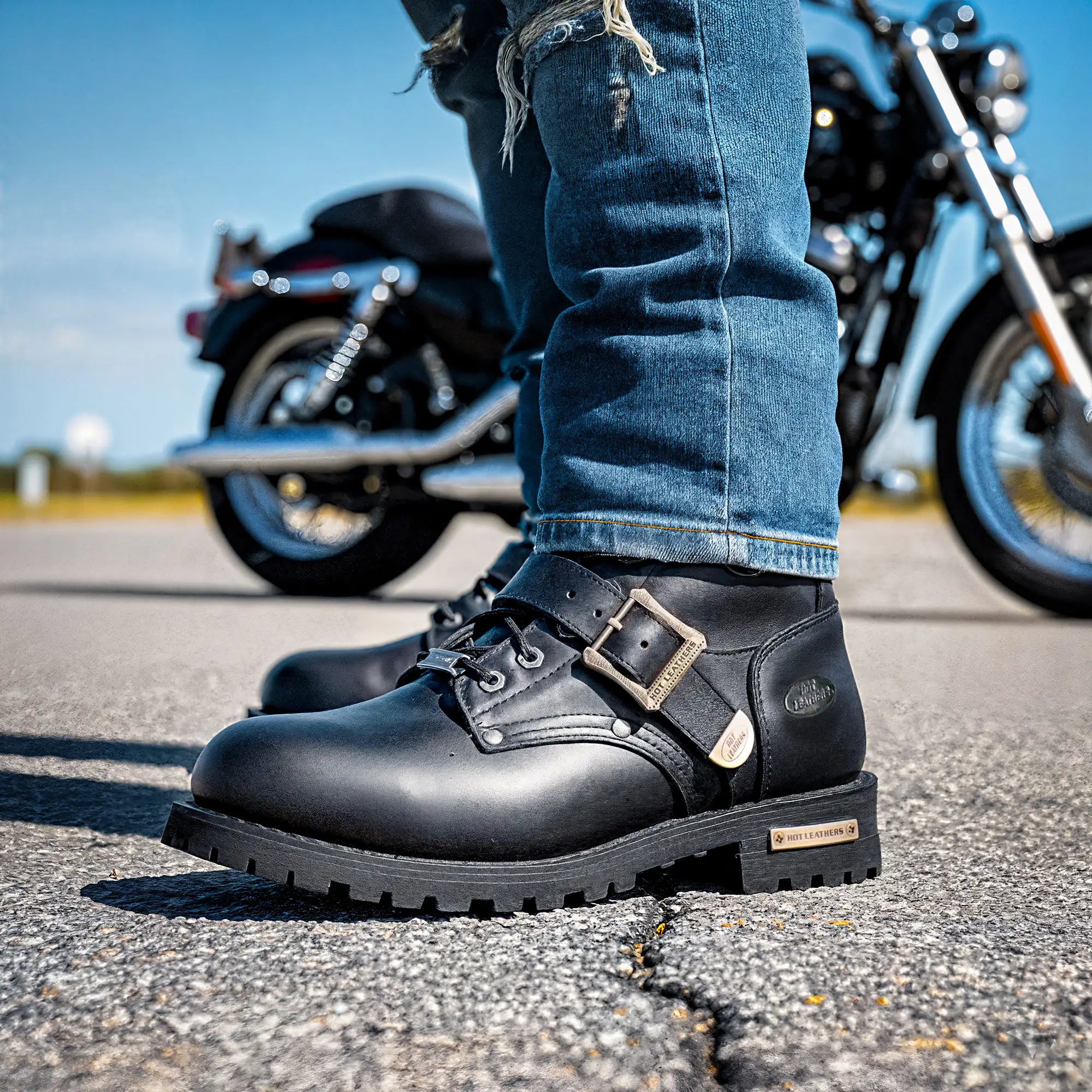 Hot Leathers Men's Wide Width Black 8-inch Logger Leather Boots with Adjustable Buckle BTM1006