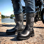 Hot Leathers BTM1018 Men’s Black Tall Harness Flag Skull Boot with Round Toe