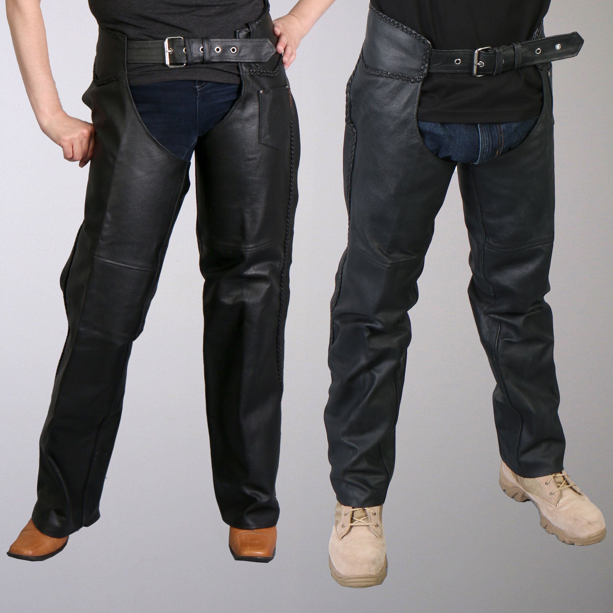 Hot Leathers CHM1003 Black Heavyweight Motorcycle Braided Uni-Sex Leather Biker Chaps