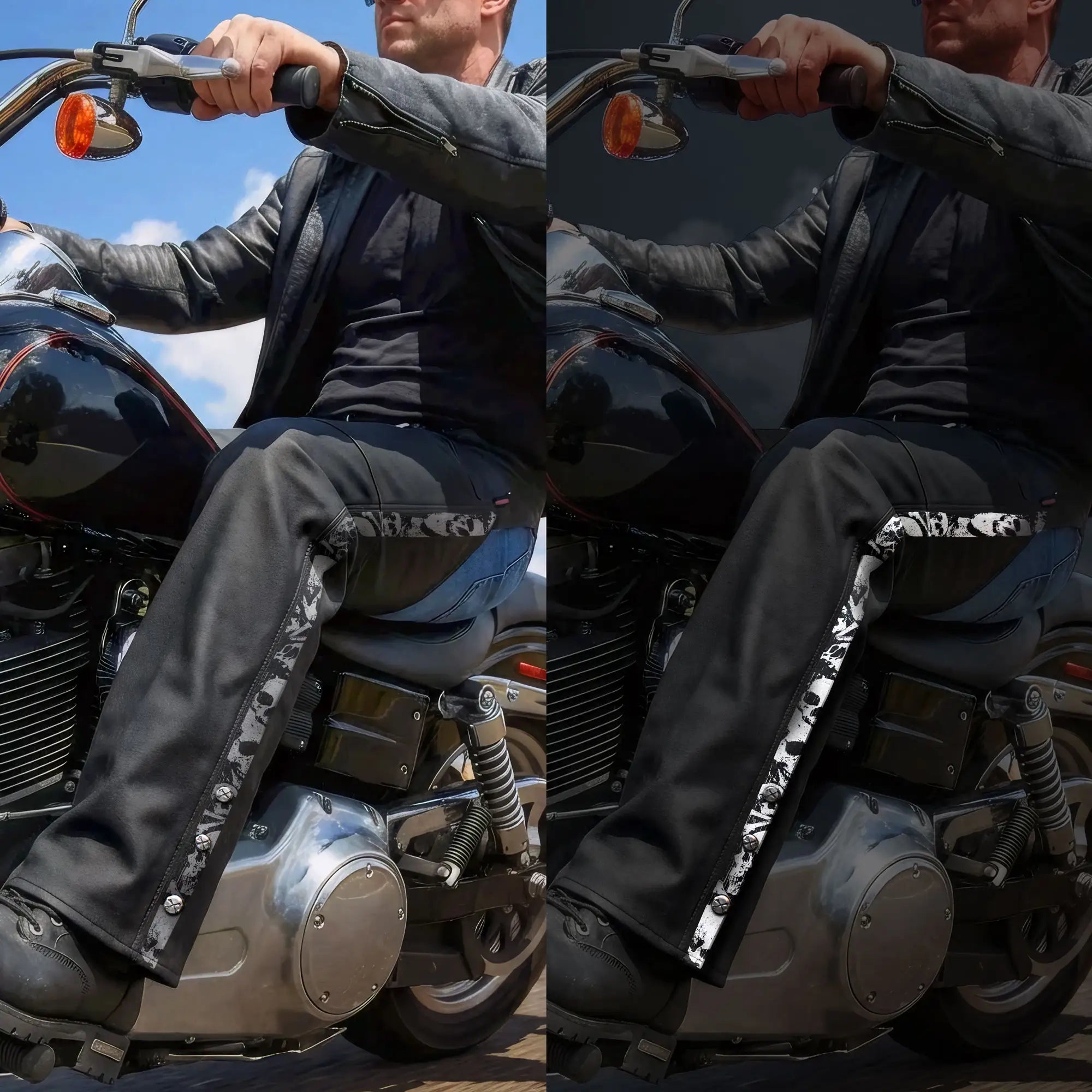 Hot Leathers CHM2001 Men's Matte Black motorcycle Leather Biker Chaps with Ancient Skull Reflective Artwork