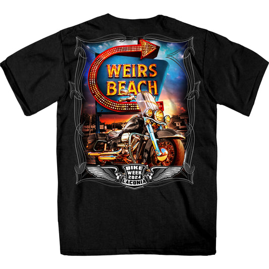 2024 Laconia Bike Week Weirs Beach Sign Black T-shirt ELM1065