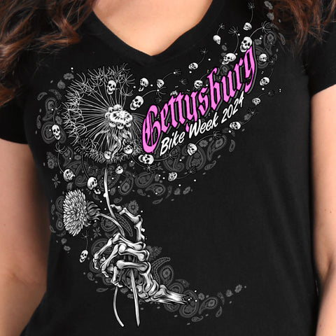 2024 Gettysburg Bike Week Dandelion Black V Neck T-shirt ENL1002