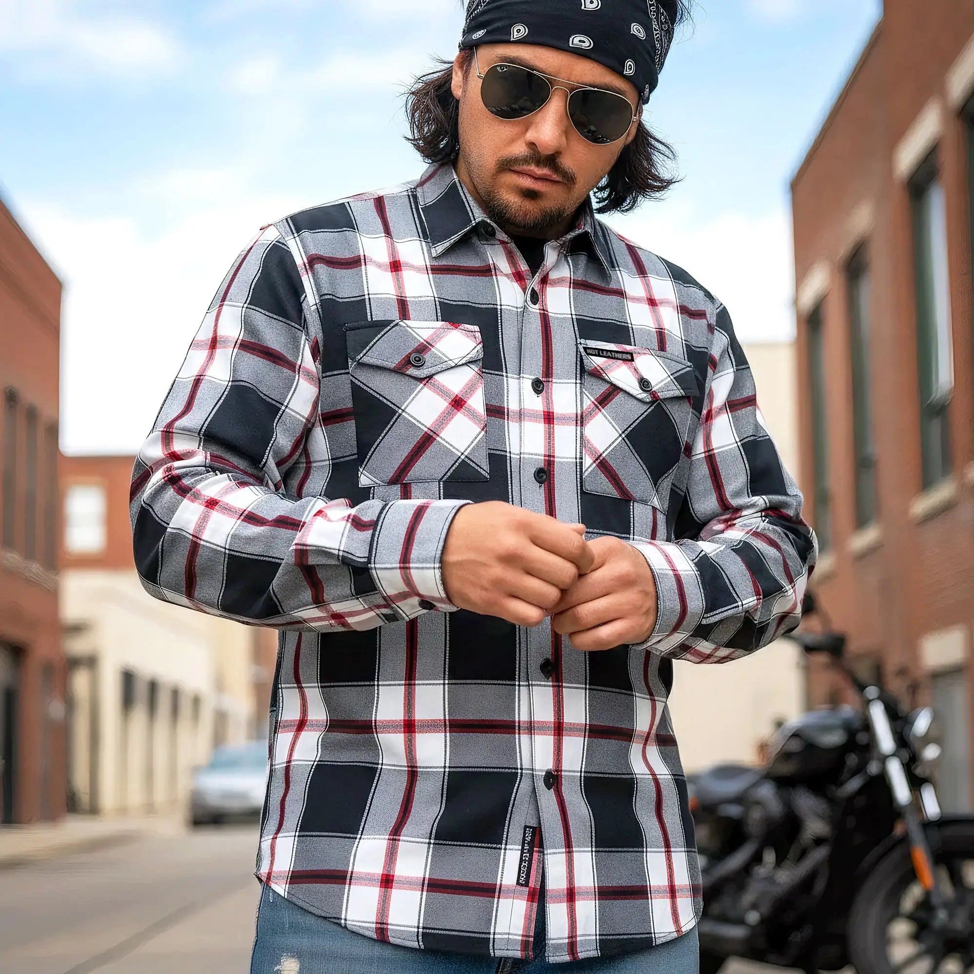 Hot Leathers FLM2003 Mens Black White and Red Long Sleeve Flannel Shirt