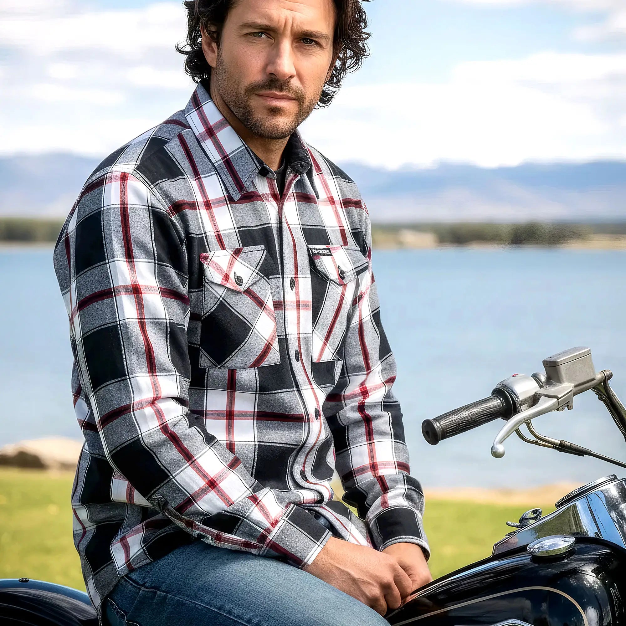 Hot Leathers FLM2003 Mens Black White and Red Long Sleeve Flannel Shirt