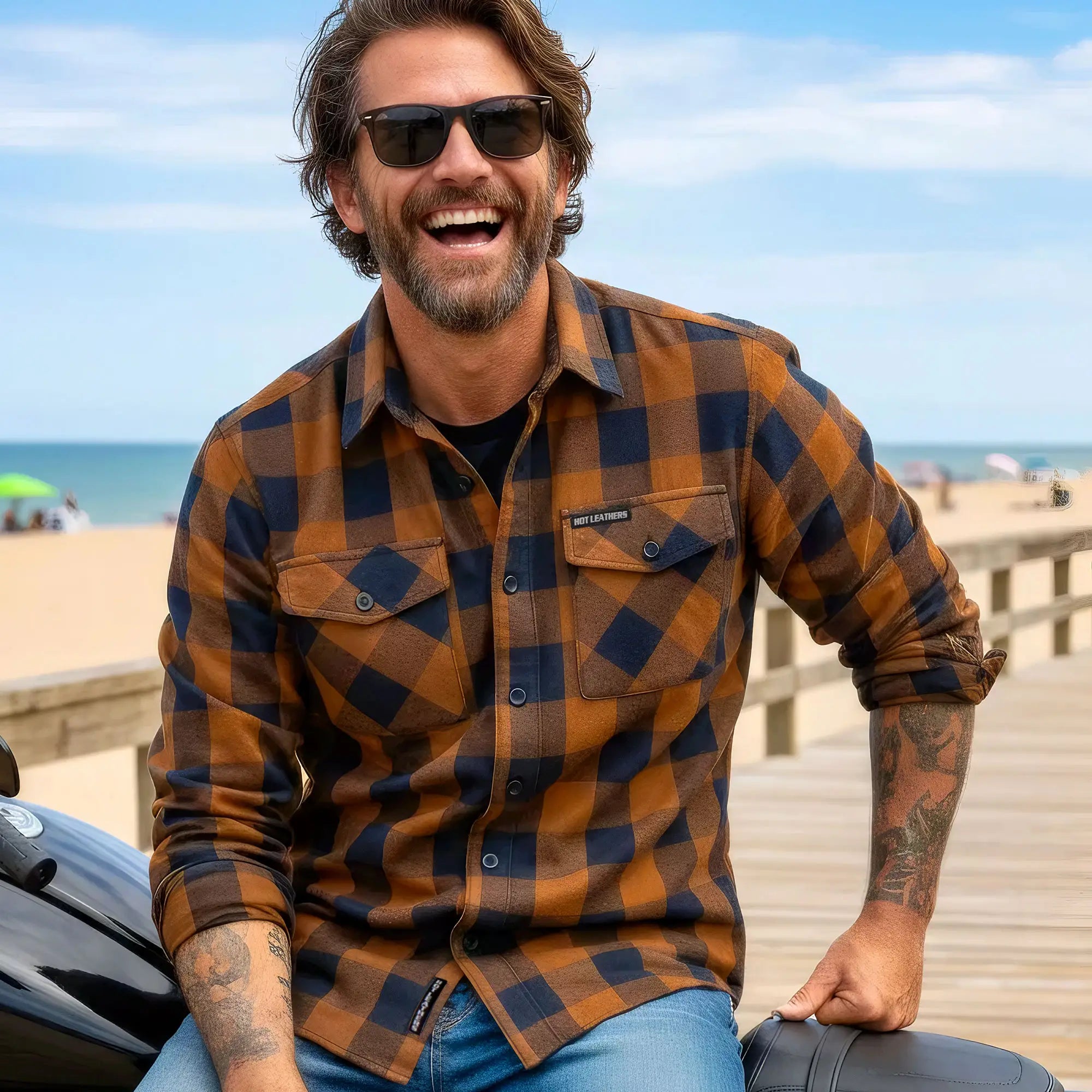 Hot Leathers FLM2016 Men's Brown and Navy-Blue Long Sleeve Flannel