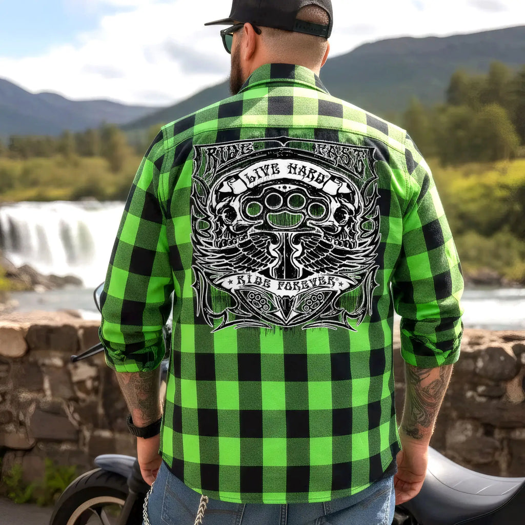 Hot Leathers Men's 'Brass Knuckles' Black/Green Cotton Flannel Shirt - Button Front - Riding/Casual/ Work Wear - FLM2106