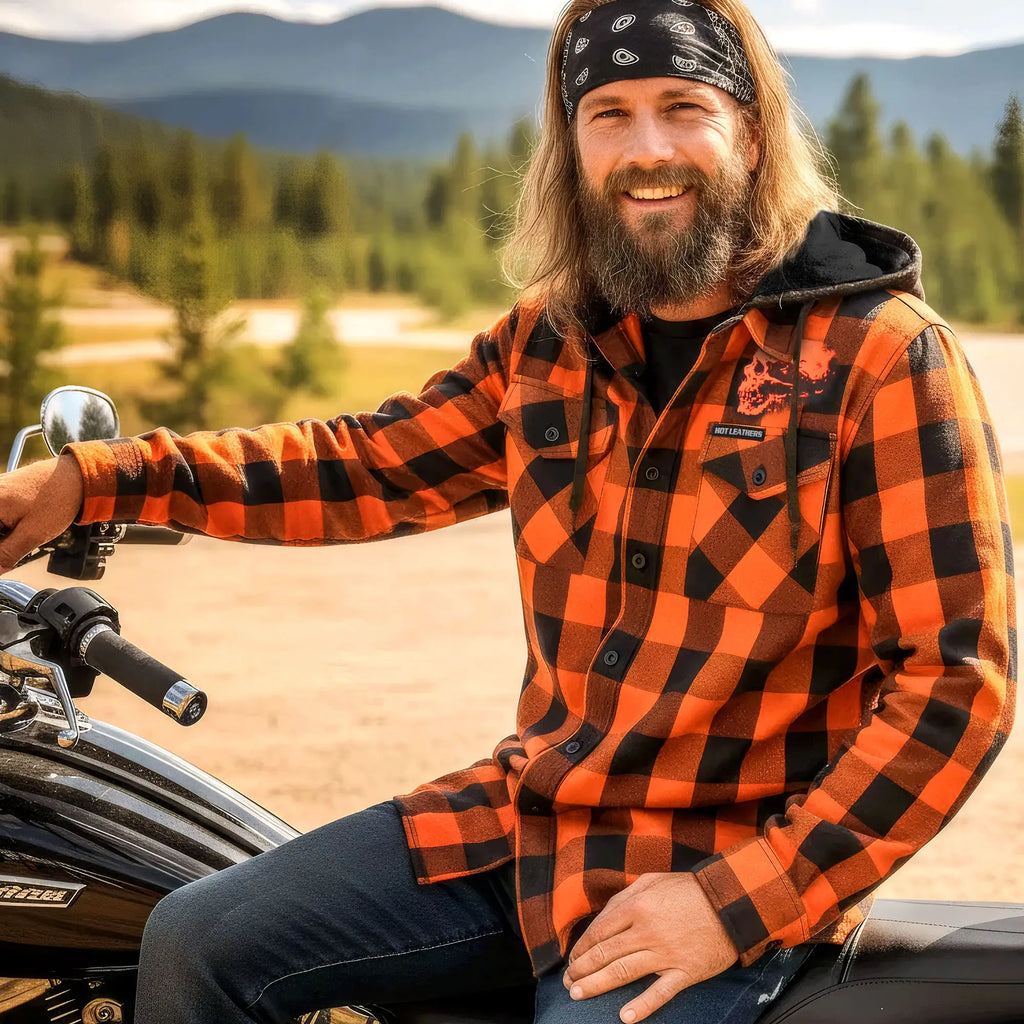 Hot Leathers Ancient Skull Printed Orange and Black Flannel Shirt with Hood