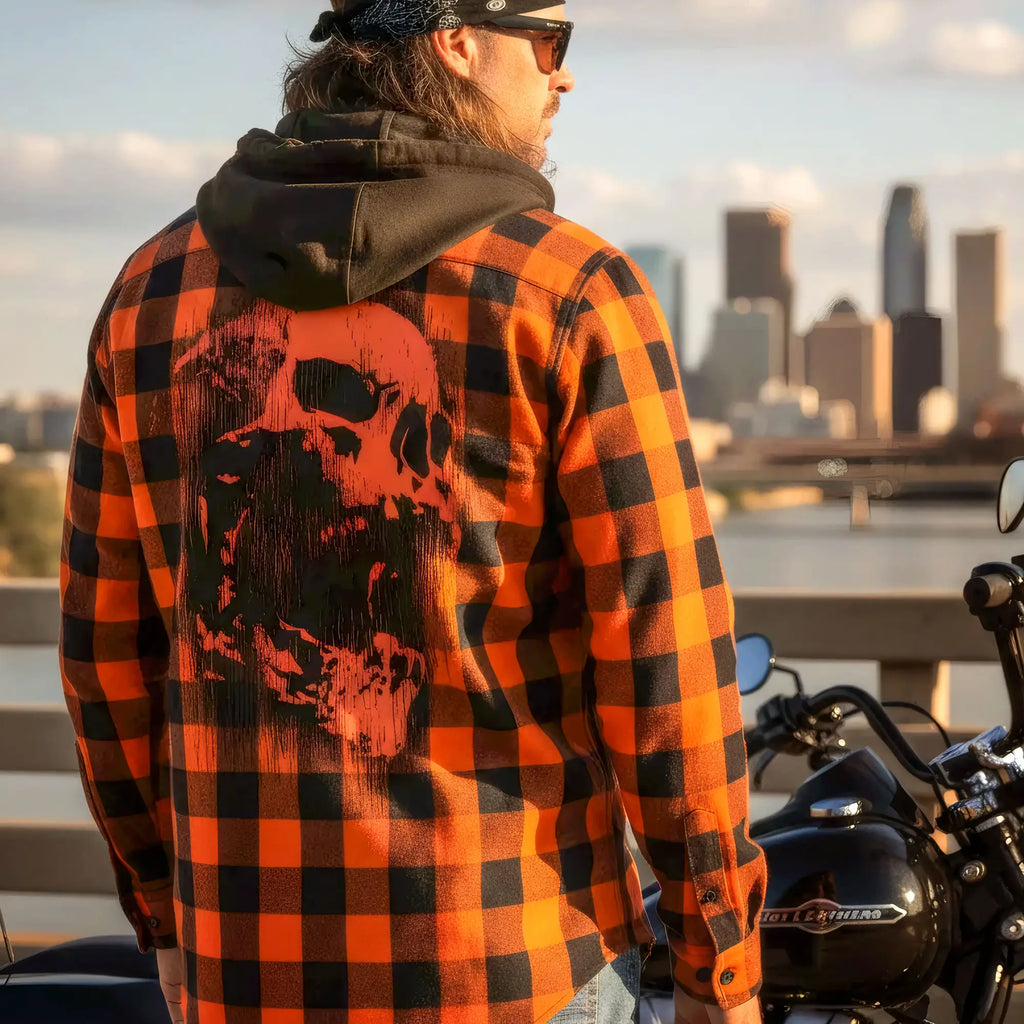 Hot Leathers Ancient Skull Printed Orange and Black Flannel Shirt with Hood