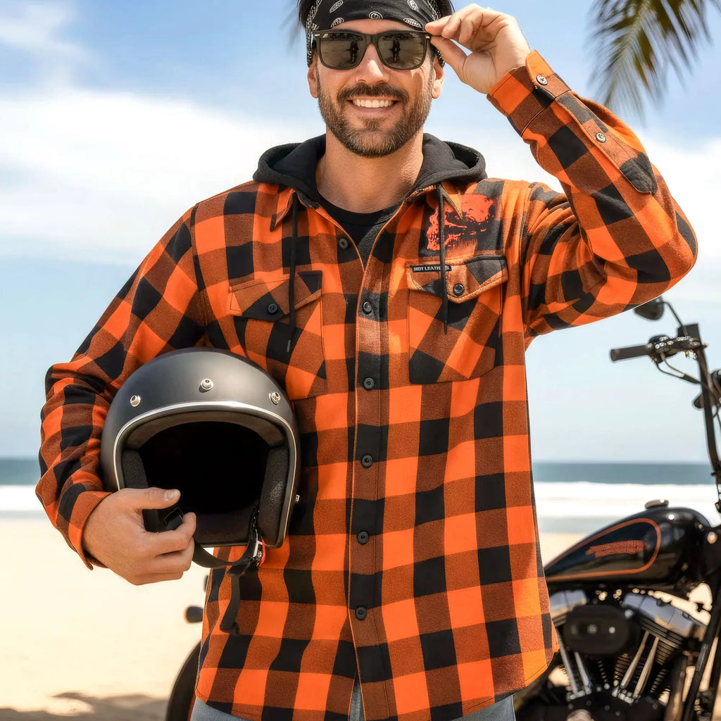 Hot Leathers Ancient Skull Printed Orange and Black Flannel Shirt with Hood