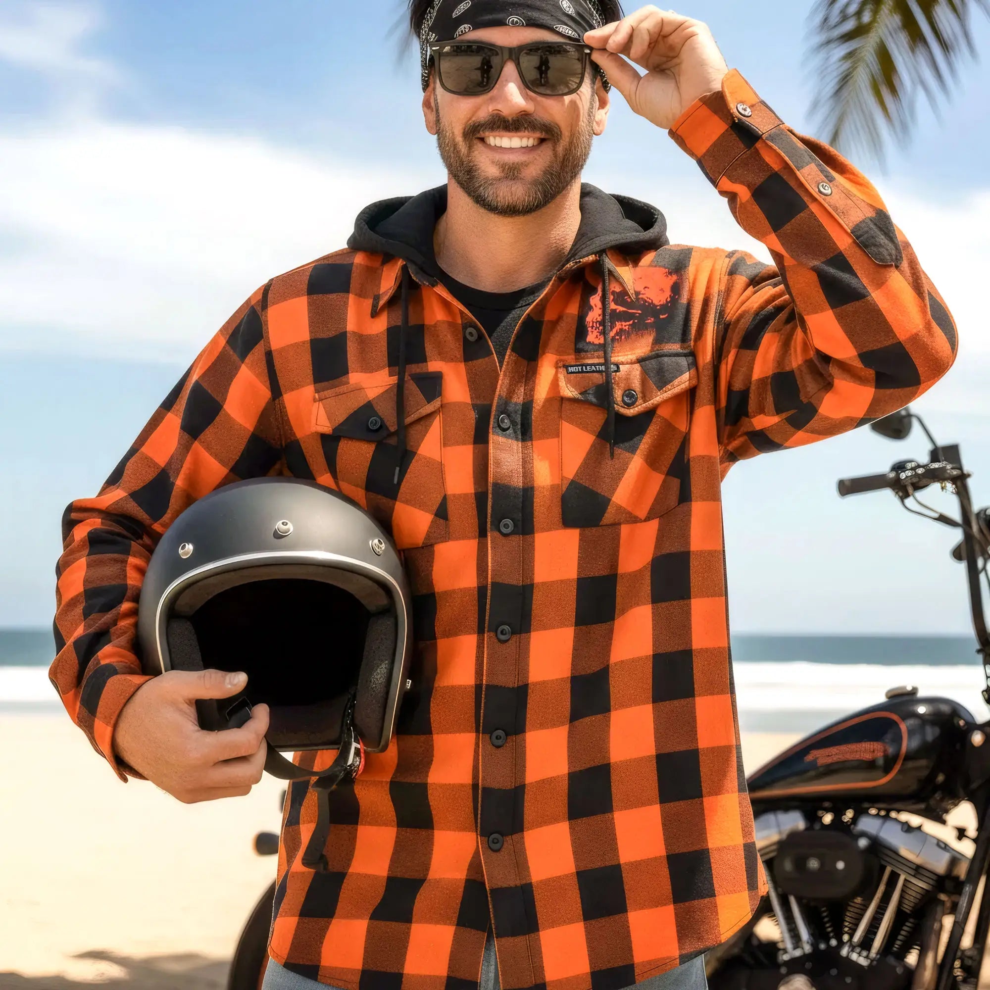 Hot Leathers Ancient Skull Printed Orange and Black Flannel Shirt with Hood