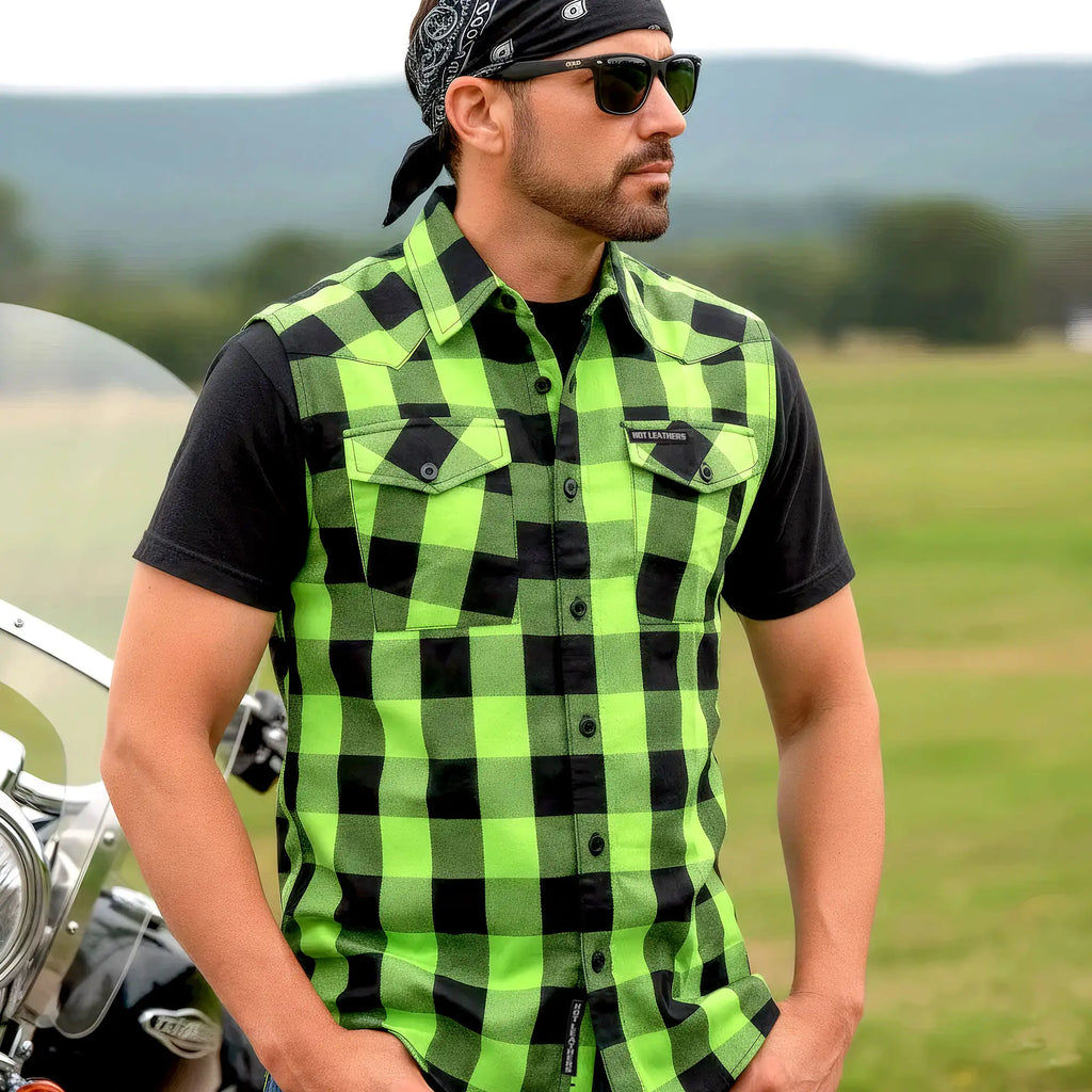 Hot Leathers FLM5002 Men’s Black and Green Sleeveless Cotton Flannel Shirt