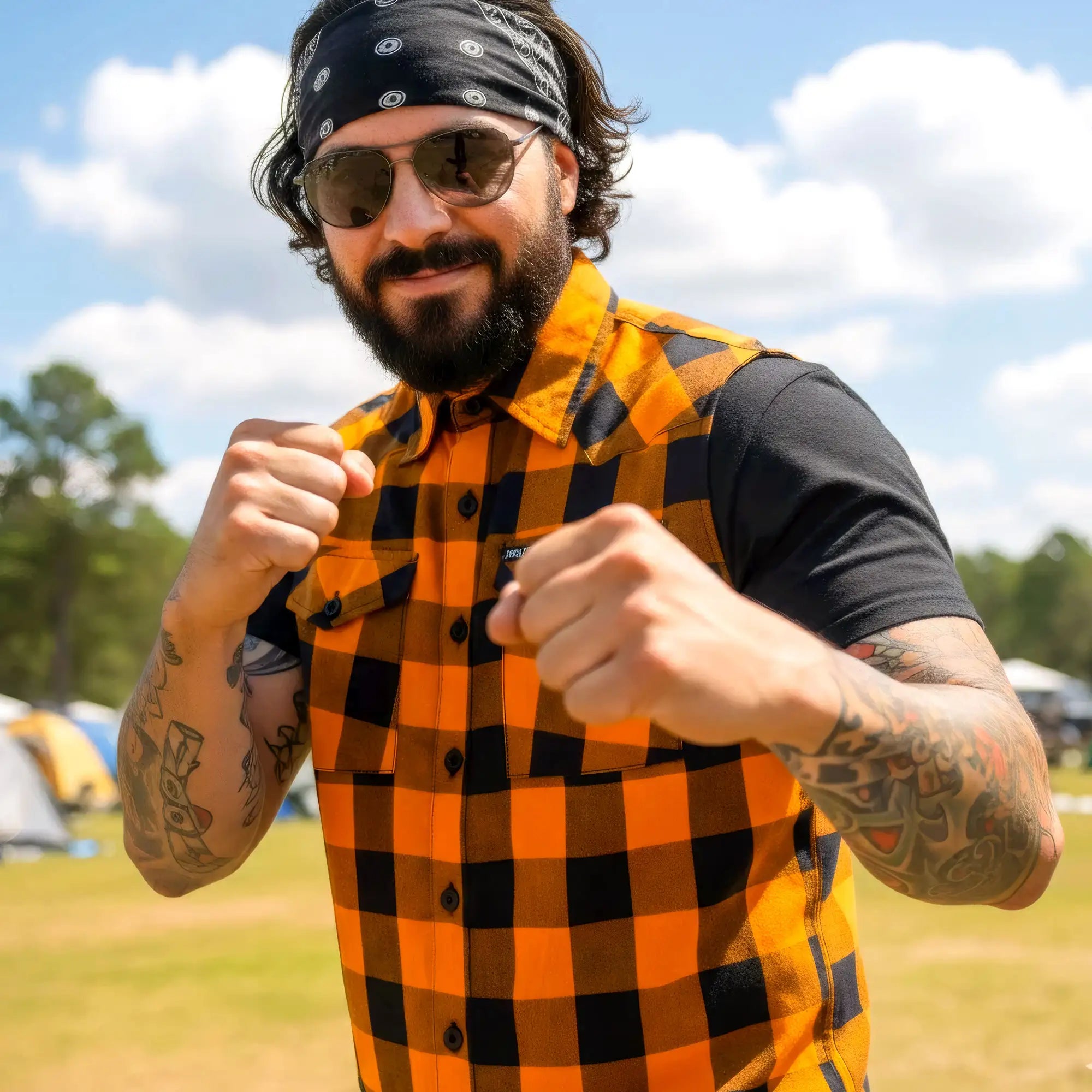 Hot Leathers FLM5003 Men’s Black and Orange Sleeveless Cotton Flannel Shirt