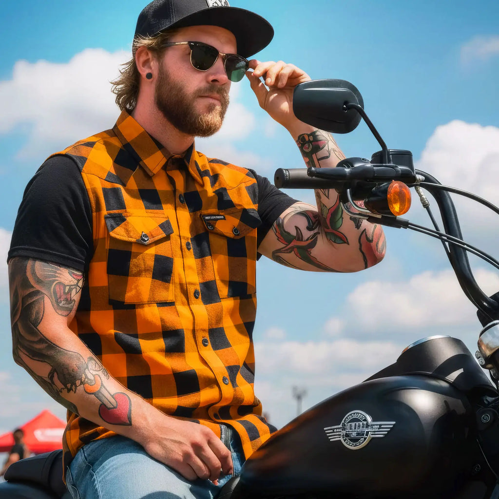 Hot Leathers FLM5003 Men’s Black and Orange Sleeveless Cotton Flannel Shirt