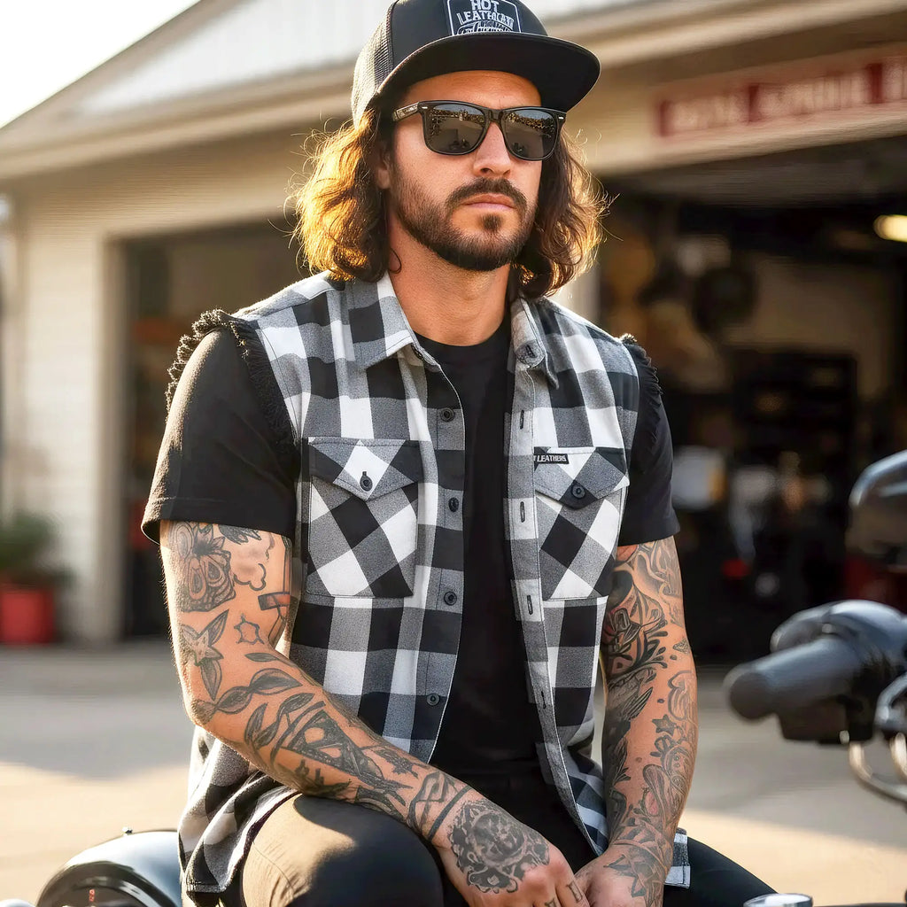 Hot Leathers Men's 'Black Canyon' Black/White Plaid Flannel Shirt - Button Front - Riding/Casual/ Work Wear - FLM5202