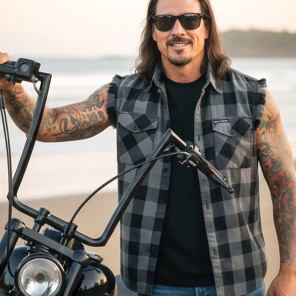 Hot Leathers No Sleeve Fringe Grey and Black Flannel FLM5203