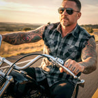 Hot Leathers No Sleeve Fringe Grey and Black Flannel FLM5203