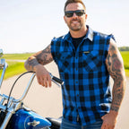 Hot Leathers No Sleeve Fringe Blue and Black Flannel FLM5208