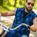 Hot Leathers No Sleeve Fringe Blue and Black Flannel FLM5208