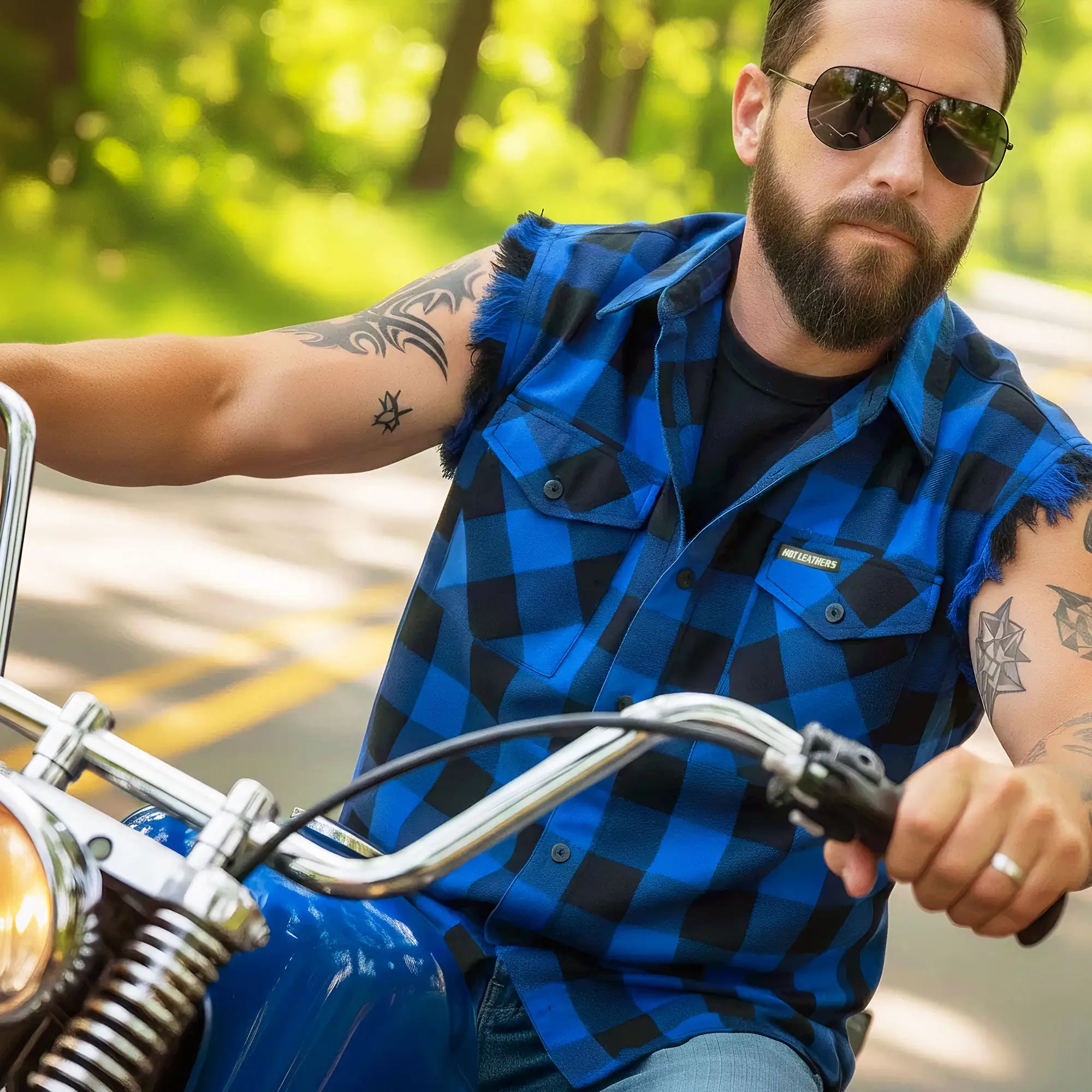 Hot Leathers No Sleeve Fringe Blue and Black Flannel FLM5208