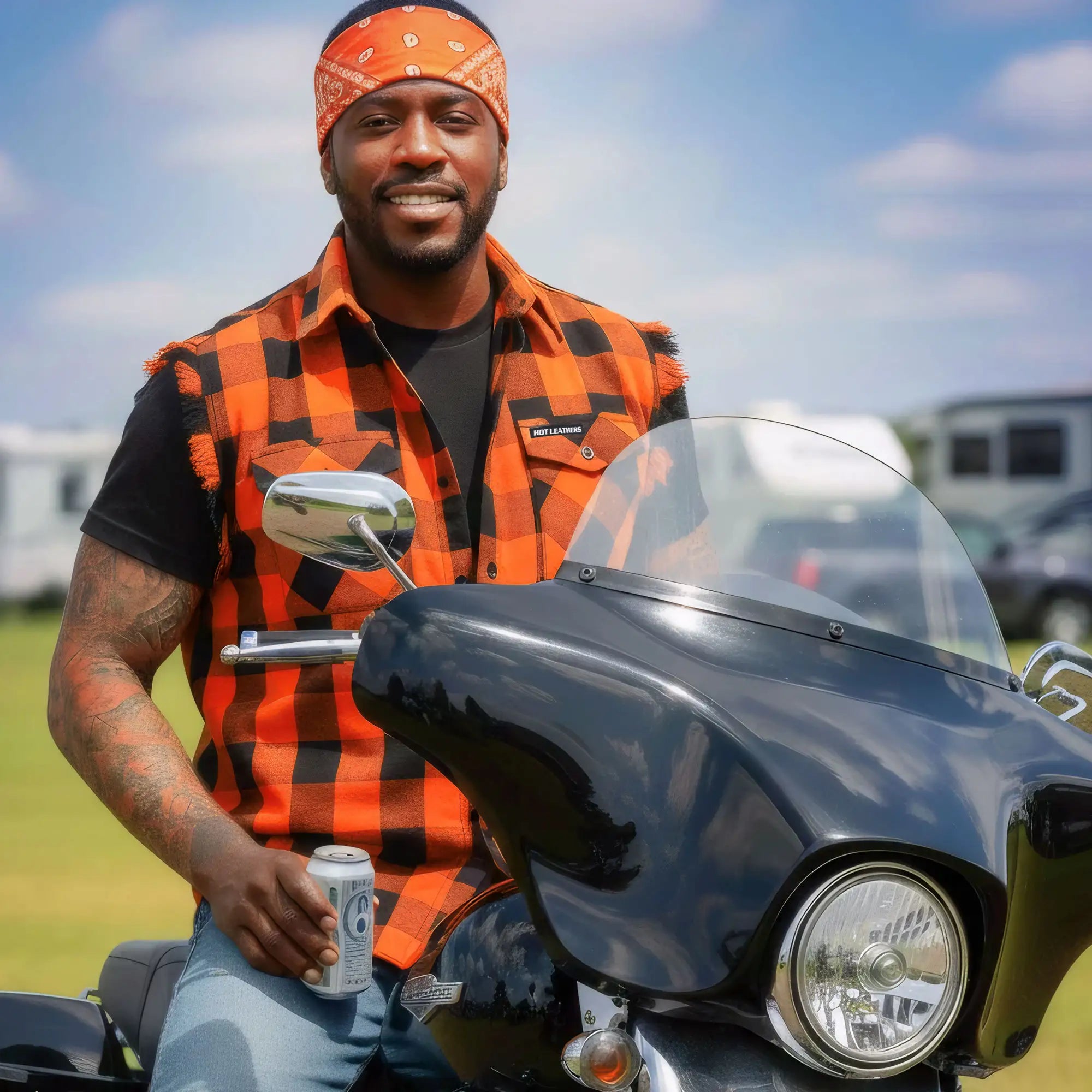 Hot Leathers No Sleeve Fringe Orange and Black Flannel FLM5210