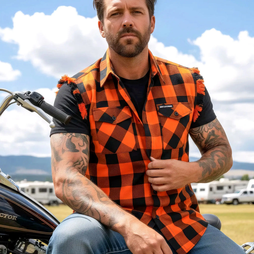Hot Leathers No Sleeve Fringe Orange and Black Flannel FLM5210