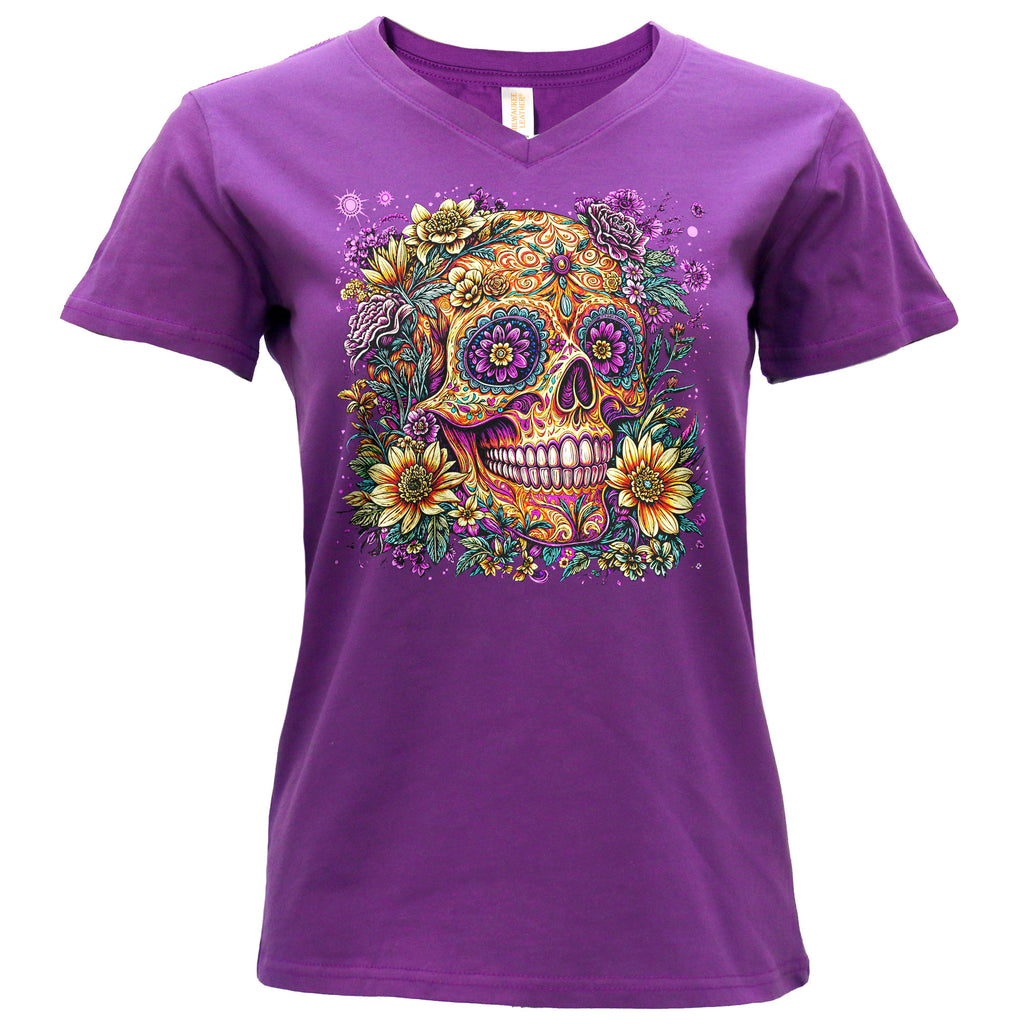 Hot Leathers Candy Flower Skull Ladies Purple T-Shirt GLC1603