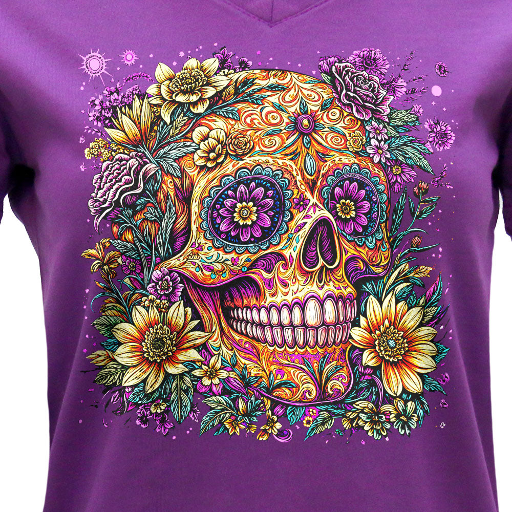 Hot Leathers Candy Flower Skull Ladies Purple T-Shirt GLC1603