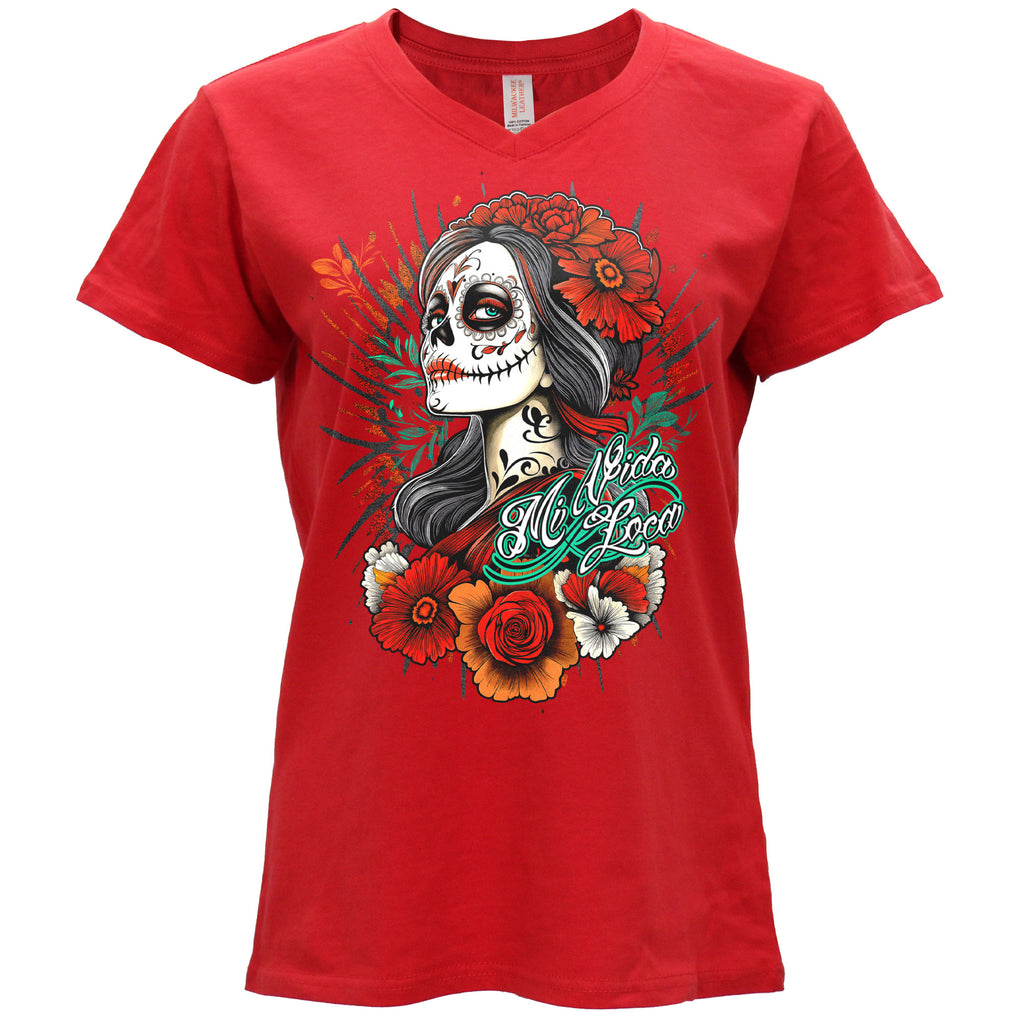 Hot Leathers V-Neck Day of the Dead Girl Ladies Red T-Shirt GLC1605