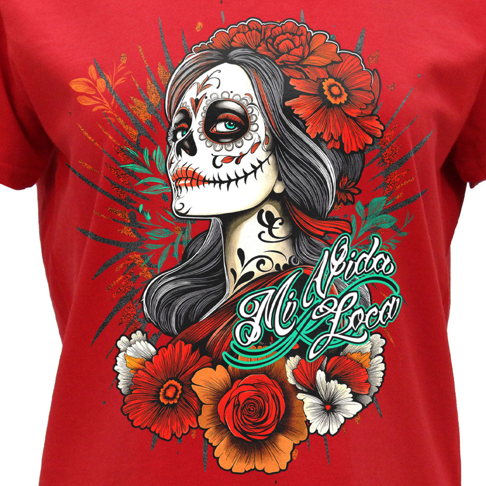 Hot Leathers V-Neck Day of the Dead Girl Ladies Red T-Shirt GLC1605